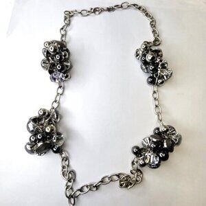 Statement Necklace Silver Tone Crystal Buttons Beads Charms Clusters Necklace